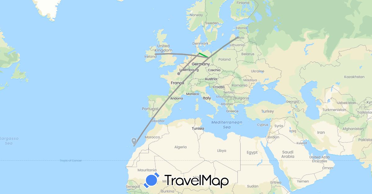 TravelMap itinerary: driving, bus, plane in Germany, Spain, France, Ireland, Latvia (Europe)
